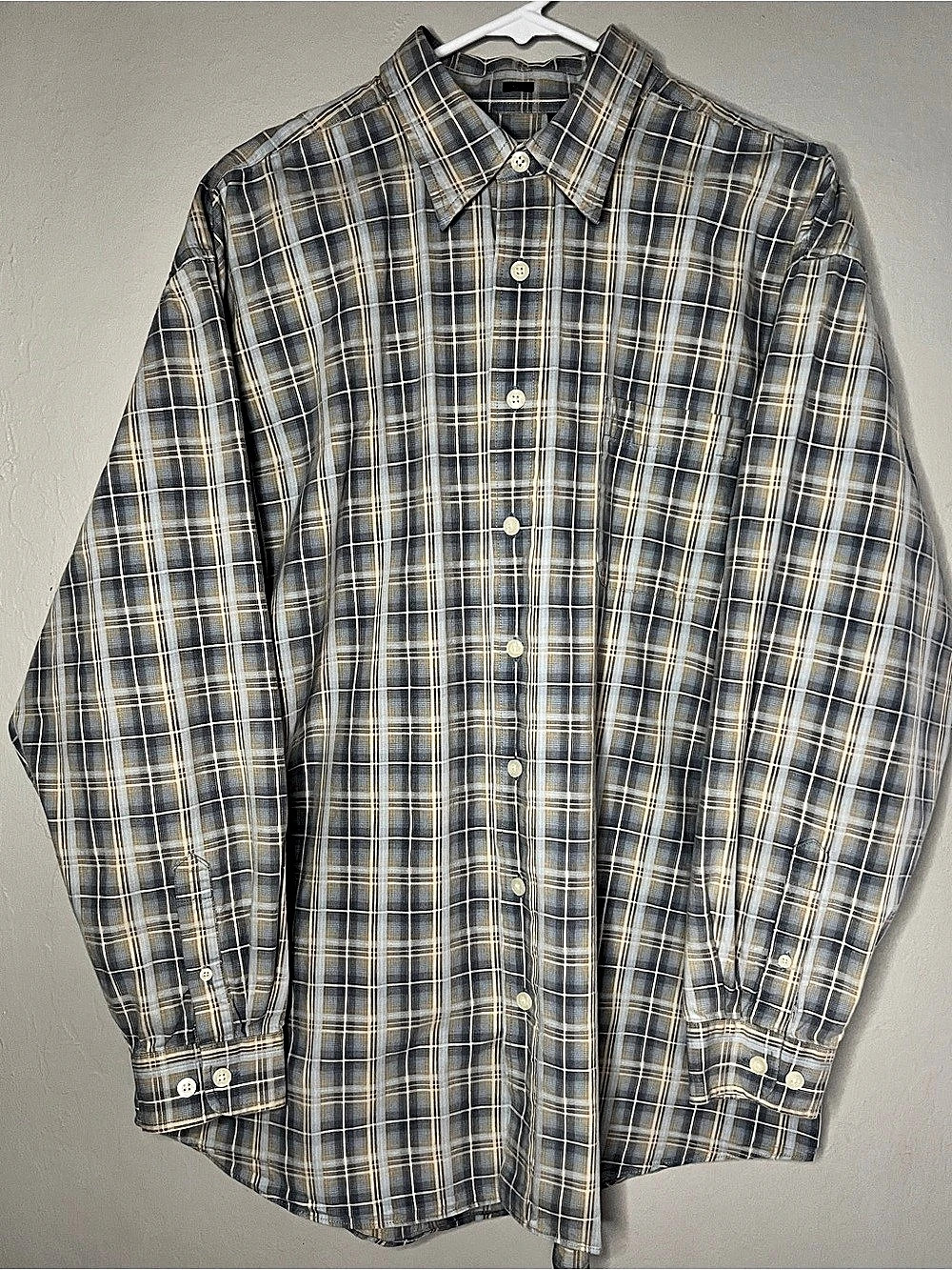 Van Heusen Studio XLT Plaid 100% Cotton Long Sleeve Button Up Shirt Blue Gray